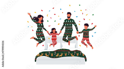 Holiday Family Joy: A cheerful family, adorned in matching holiday pajamas, leaps joyfully in a flurry of confetti, embodying the spirit of togetherness and festive celebration.