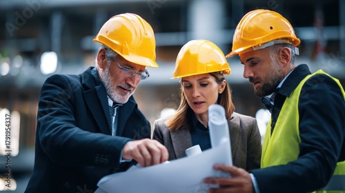 Three construction professionals review blueprints on-site, wearing safety helmets, focused on project details in a building environment.