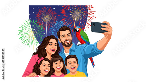 Family Selfie with Fireworks: A happy family capturing a moment against a backdrop of colorful fireworks display. a fun filled moment.