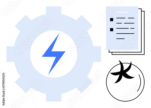 Gear with lightning bolt, documents, and abstract circular design combine productivity, energy, and process optimization. Ideal for efficiency, strategy, workflow, planning innovation clean energy