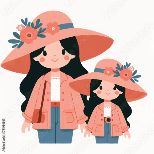 Adorable mother and daughter duo wearing matching pink outfits and hats.