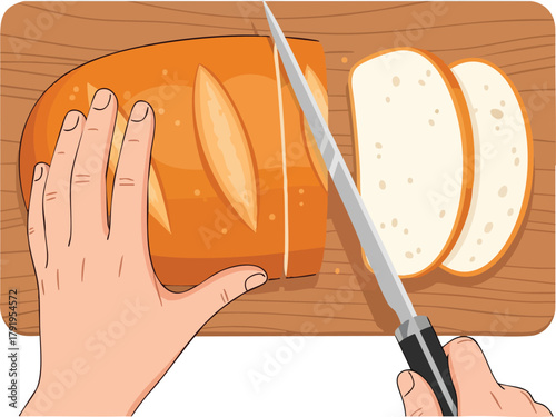 Bread Slicing Illustration Hands, Knife, and Wooden Board