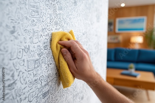 A person cleans a patterned wall with a yellow cloth, showcasing a tidy living space with modern decor and a cozy atmosphere.