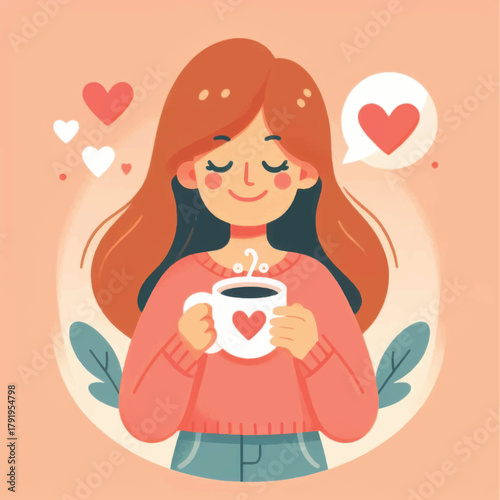 Cute cartoon girl with long hair enjoying a hot drink from a heart mug.