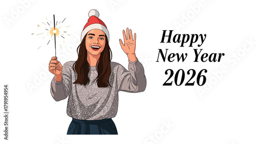 New Year's Celebration: A joyous illustration of a woman welcoming the New Year with a sparkler in hand, radiating festive cheer and setting the stage for 2026.