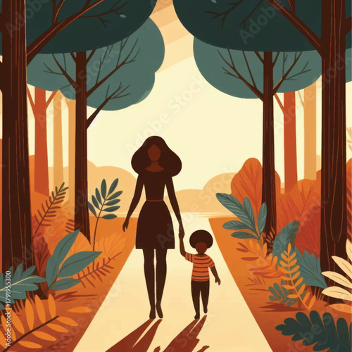 Mother and child walking hand in hand together.