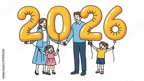 Family with the number 2026: An illustration of a family of four holding balloons representing the year 2026, possibly to symbolize their hopes and anticipation for the future.