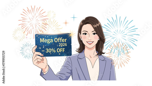 Mega Offer 2024: A smiling business woman holding a sign indicating a mega offer with a fireworks background.
