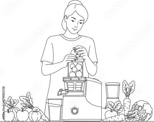 Woman Making Fresh Juice with Juicer, Fruits and Vegetables - Line Art Illustration