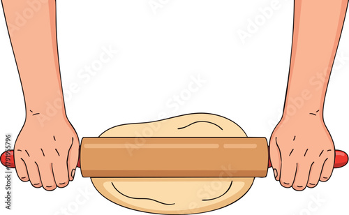 Hands rolling dough with a rolling pin illustration for baking and cooking concept
