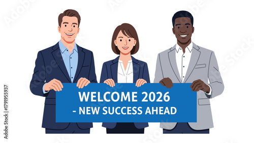 New Success Ahead: A forward-thinking group of professionals unveils a banner signaling a new era, focused on opportunity and progress.