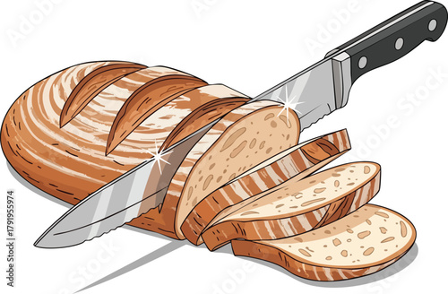 Sliced Bread Fresh Loaf and Sharp Knife Illustration