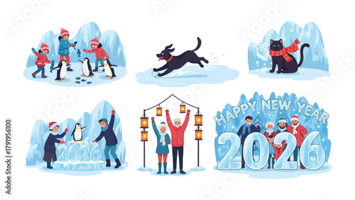 Happy New Year 2026: A captivating display of diverse scenes celebrating the arrival of 2026, showcasing various moments of joy, festivity, and togetherness.  