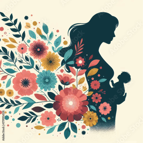 Silhouette of a pregnant woman holding her baby with floral elements.