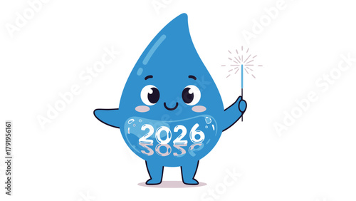 Water Drop Mascot Celebrates Sustainability: A cheerful water drop mascot, representing the call for water conservation, holds a sparkler.