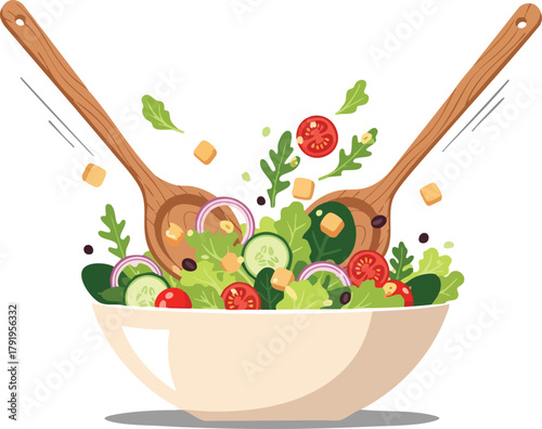 Fresh and Colorful Salad Bowl with Wooden Spoons Illustration