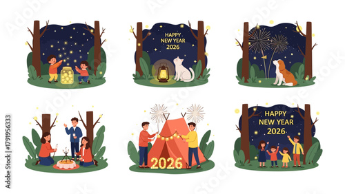 New Year's Eve Collection: Diverse scenes celebrate the dawn of the New Year, capturing moments of togetherness and joy in this collection of illustrations.