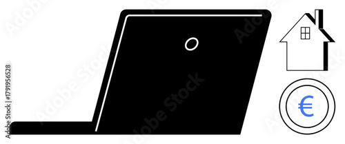 Laptop silhouette beside a minimalist house and euro coin. Ideal for remote work, finance, home, real estate, budgeting, technology, digital economy. Simple flat metaphor