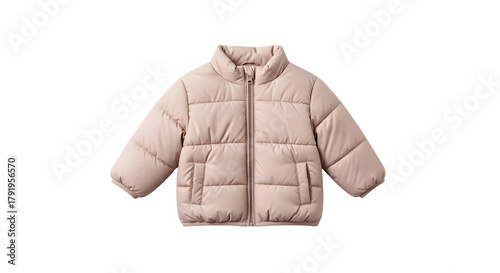 Cozy light pink puffer jacket for children with a high collar and zipper isolated on transparent background