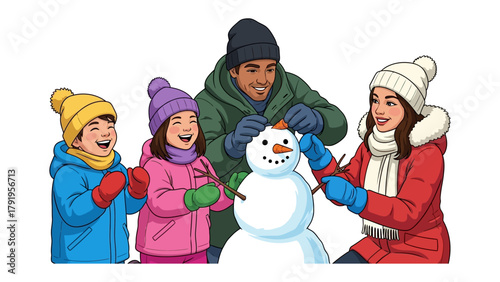 Building Memories: A family comes together to build a snowman in a snowy, winter scene. Creating joy and memories together.
