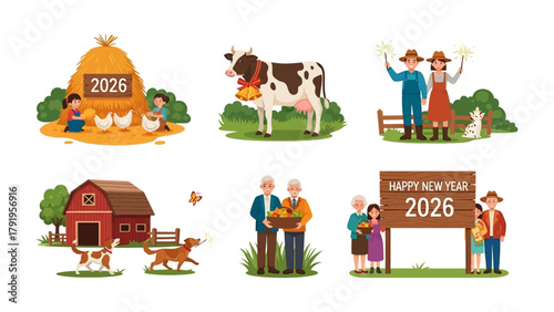 Farm Life in 2026: A cheerful set depicts a family, a barn, a cow, a chicken, and other elements related to farms, highlighting the family's happy life.