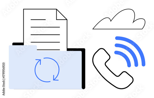 Folder containing document with sync symbol, cloud, and phone with wireless signal. Ideal for communication, cloud storage, file sharing, technology, data transfer business connectivity. Simple