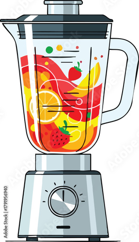 A blender filled with colorful fruits being prepared for a smoothie