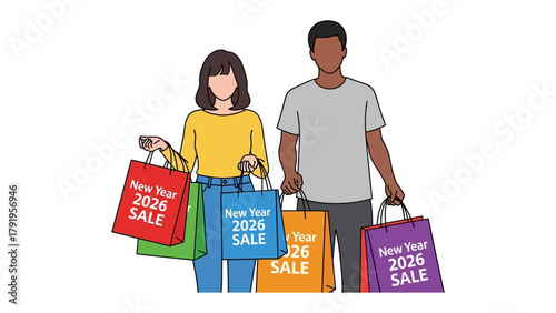New Year Shopping Spree: A couple happily showcases their shopping bags filled with purchases from the New Year 2026 SALE, their smiles reflecting the excitement of new beginnings.