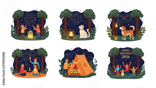 New Year's Celebration: Illustrations of people and pets enjoying festive moments during a New Year's celebration. Capturing the joy of gatherings and the sparkle of fireworks.
