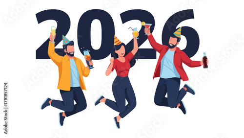 New Year's Eve: Celebrating the upcoming year, a joyful group of people celebrate, toasting with drinks and full of anticipation for the year 2026. 