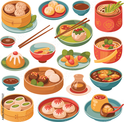 Assortment of Chinese Dumplings Noodles and Soups chinese food