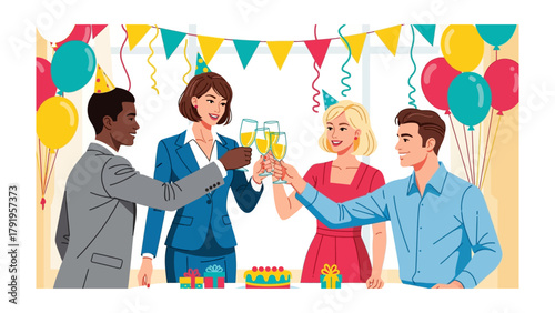 Celebratory Toast: Colleagues in festive hats raise champagne flutes in a toast, surrounded by vibrant decorations, embodying the spirit of celebration and camaraderie.