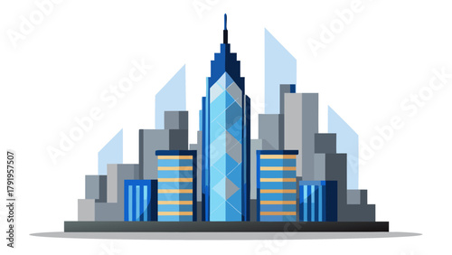 Illustration of a stylized city skyline with a tall blue skyscraper in the center view point