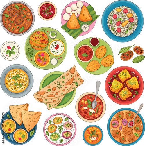 Assortment of colorful Indian dishes and snacks Indian food