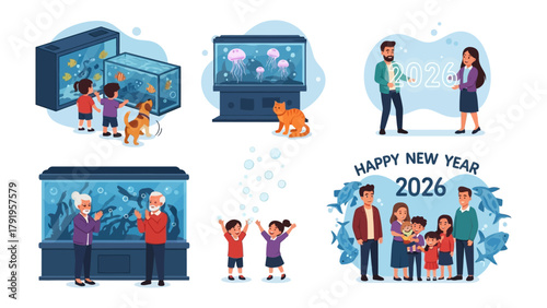 Aquatic Adventures: Engaging scenes of people enjoying the aquatic life and new year celebration