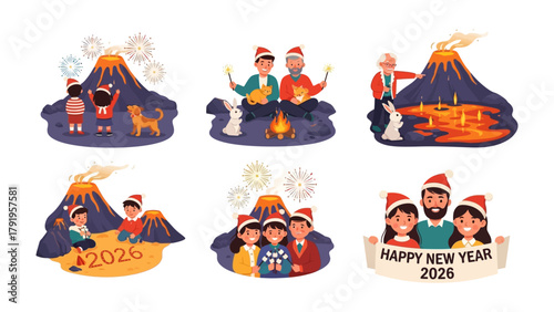 Festive New Year's Volcano Celebrations: A joyous collection of people are enjoying the New Year's festival with volcano and fireworks in the background, offering a visually captivating experience