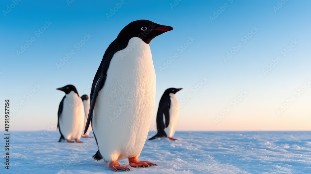 Fototapeta premium A group of penguins stands on a snowy landscape against a bright blue sky, showcasing their distinctive black and white plumage.
