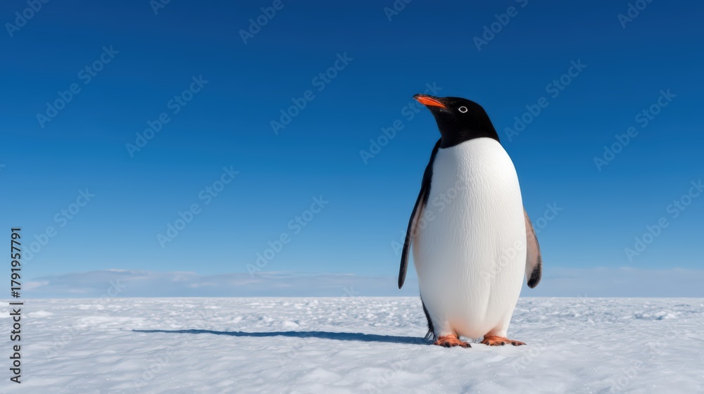 Obraz premium A solitary penguin stands on a vast, snow-covered landscape under a bright blue sky, showcasing its distinctive black and white plumage.