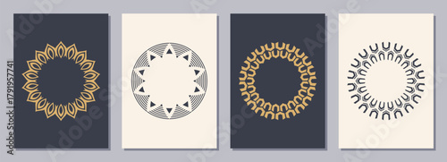 Set of flyers, posters, placards, brochure design templates A6 size with circular geometric ornaments. Round frames. Sacred, ethnic, esoteric geometric symmetrical symbols. Vertical color blanks.
