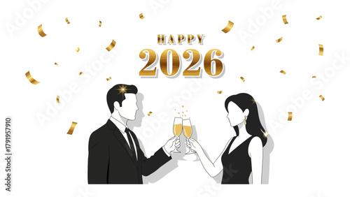 A Toast to the Future: The year 2026 dawns with a festive toast, a couple raising a glass in celebration amidst golden confetti.