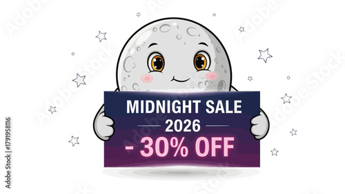 Midnight Sale: An adorable illustration of a crescent moon, radiating charm and holding a sale sign.