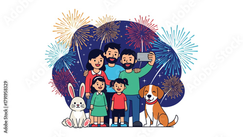 Family Selfie with Fireworks: A happy family capturing a selfie during a vibrant fireworks display, with a dog and rabbit enjoying the festive scene.