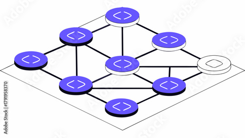 Isometric network diagram with purple and white nodes connected by black lines on a white surface