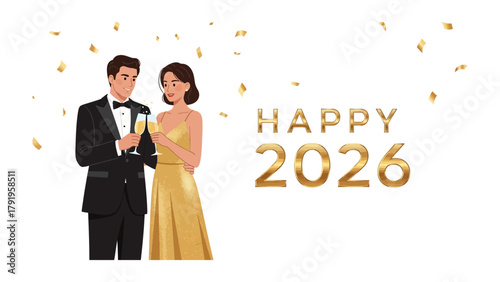 New Year Celebration with Champagne: A stylish couple toasts the new year with champagne, under a shower of golden confetti, celebrating the arrival of 2026.
