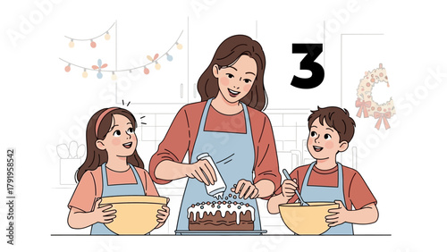 Sweet Moments of Baking: A mother and her children sharing a heartwarming moment in the kitchen, adding final touches to a homemade cake. a celebration of familial bonds and creative culinary joy.