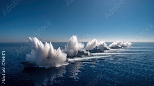 Fototapeta Naklejka Na Ścianę i Meble -  Naval ships firing weapons at sea