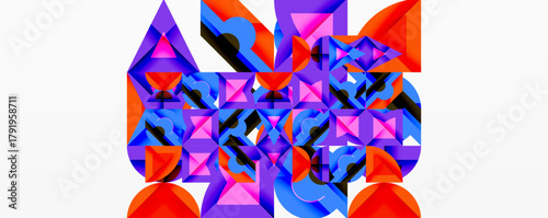 Abstract geometric composition. Shapes overlap, creating complex pattern. Vivid colors dominate white background. Modern design elements present.
