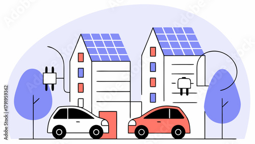 Illustration of two electric cars charging at houses with solar panels on the roofs in a neighborhood