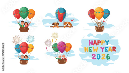 Happy New Year 2026 Celebration: A vibrant illustration depicts a series of charming hot air balloons, each carrying unique passengers, and the scene is festive, with fireworks and balloons.