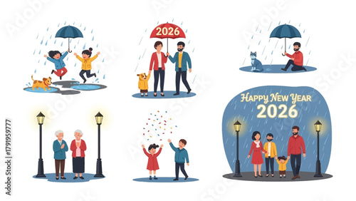 New Year Moments in 2026: A set of heartwarming illustrations depicting diverse families and individuals celebrating New Year's under various weather conditions and activities.